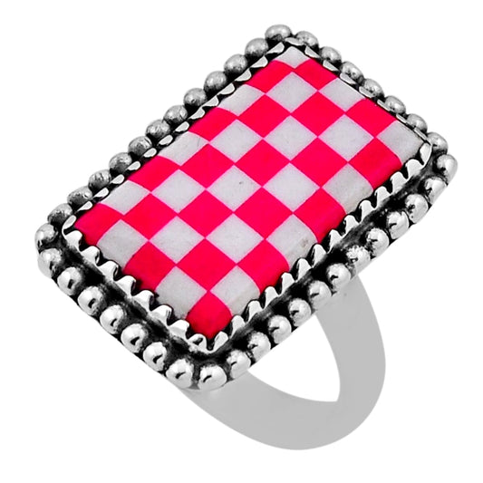 sterling silver checker pink white strip opal ring size 8
