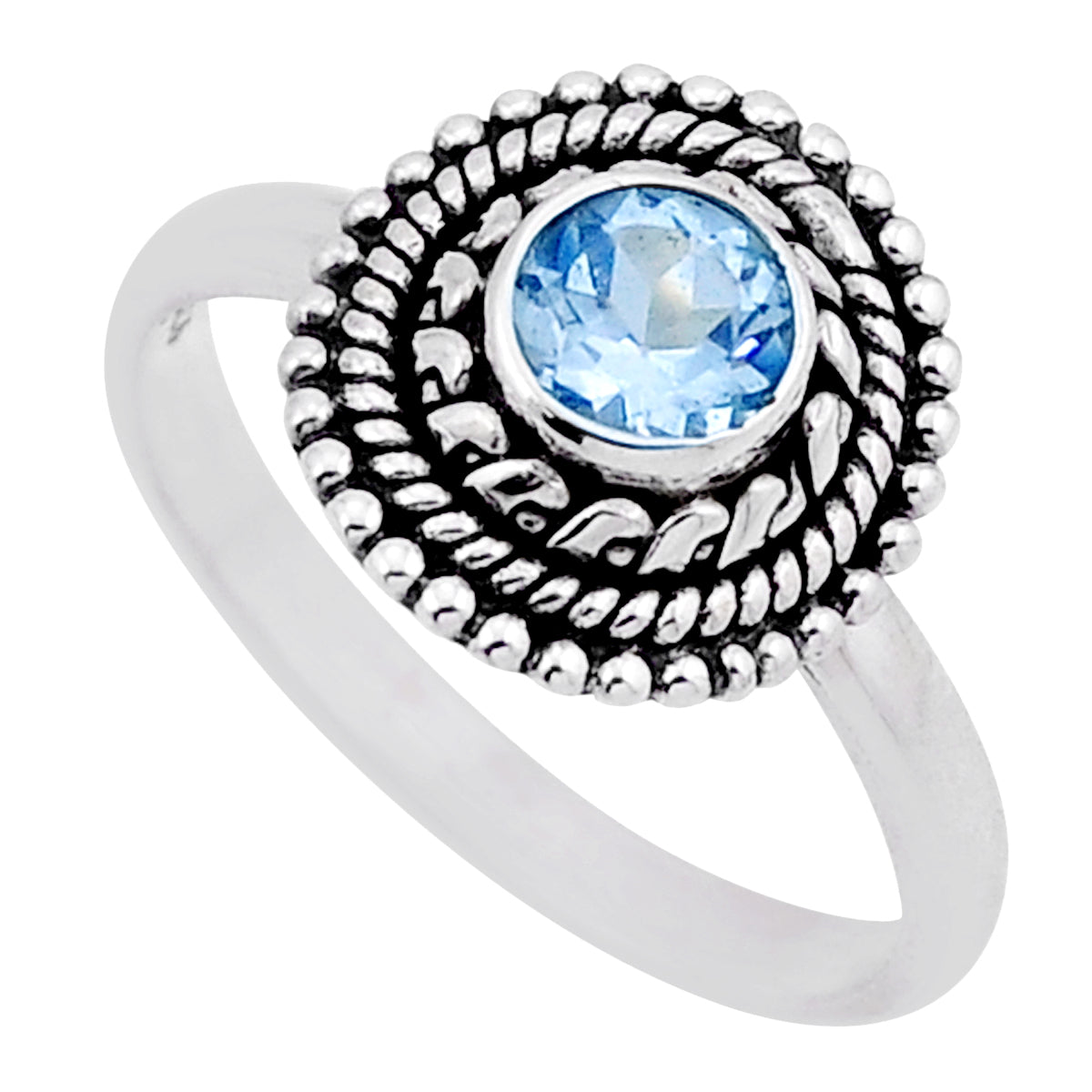925 sterling silver faceted natural blue topaz round ring size 7