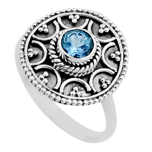 925 sterling silver faceted natural blue topaz round ring size 8