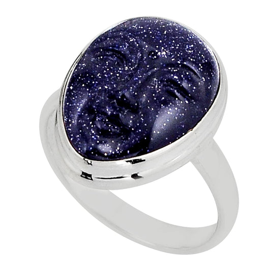 sterling silver moon face natural blue gold stone ring size 9