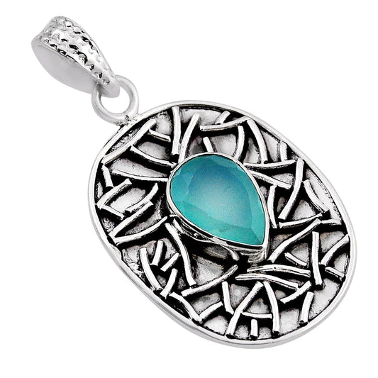 925 sterling silver natural aqua chalcedony pear pendant