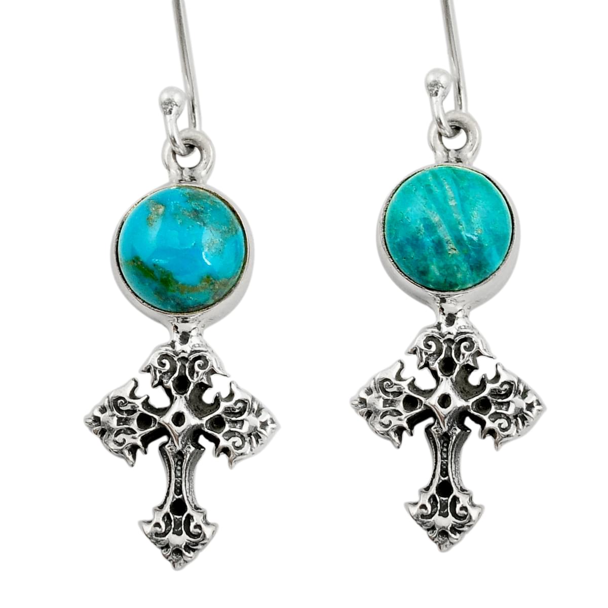 925 sterling silver 6.27cts natural blue chrysocolla holy cross earrings