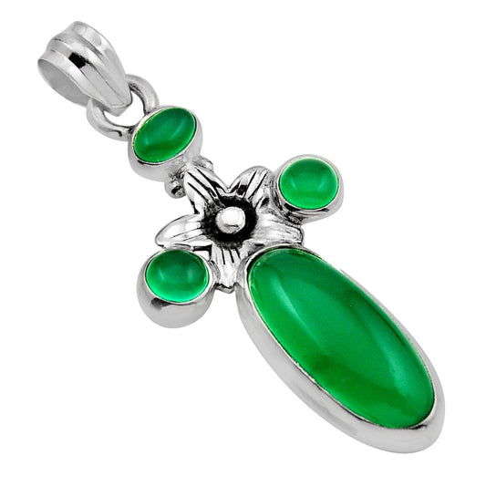 925 sterling silver natural green chalcedony oval flower pendant
