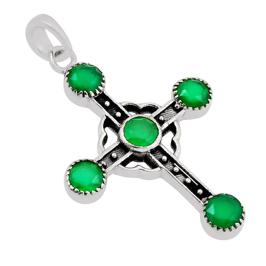 925 sterling silver natural green chalcedony cross pendant