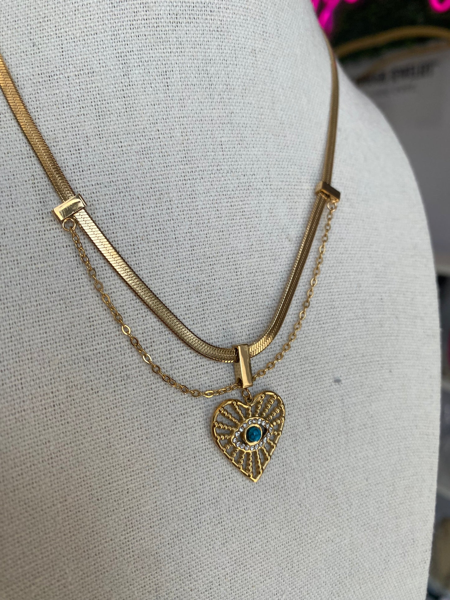 Stainless Gold Plated Evil Eye Stone Necklace