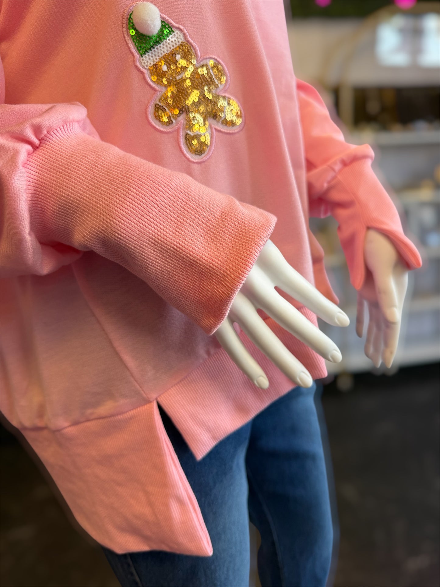 Pink Sweatshirt With Sequin Gingerbread Patches