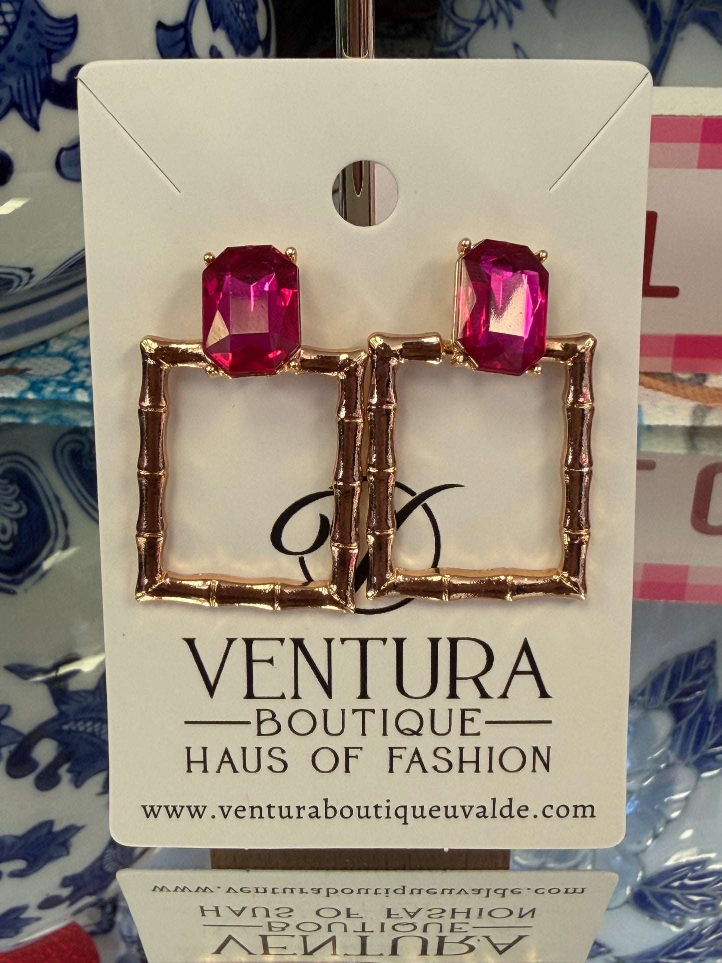 Bamboo Pink Crystal Post Stud Earrings