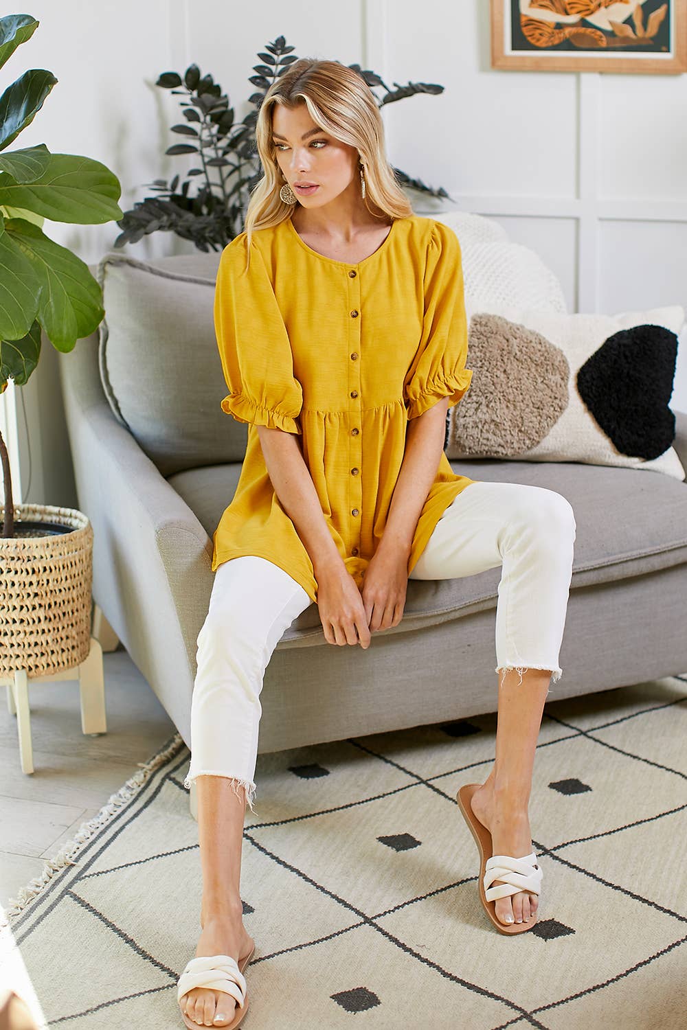 MUSTARD BABYDOLL BUTTON DOWN TOP