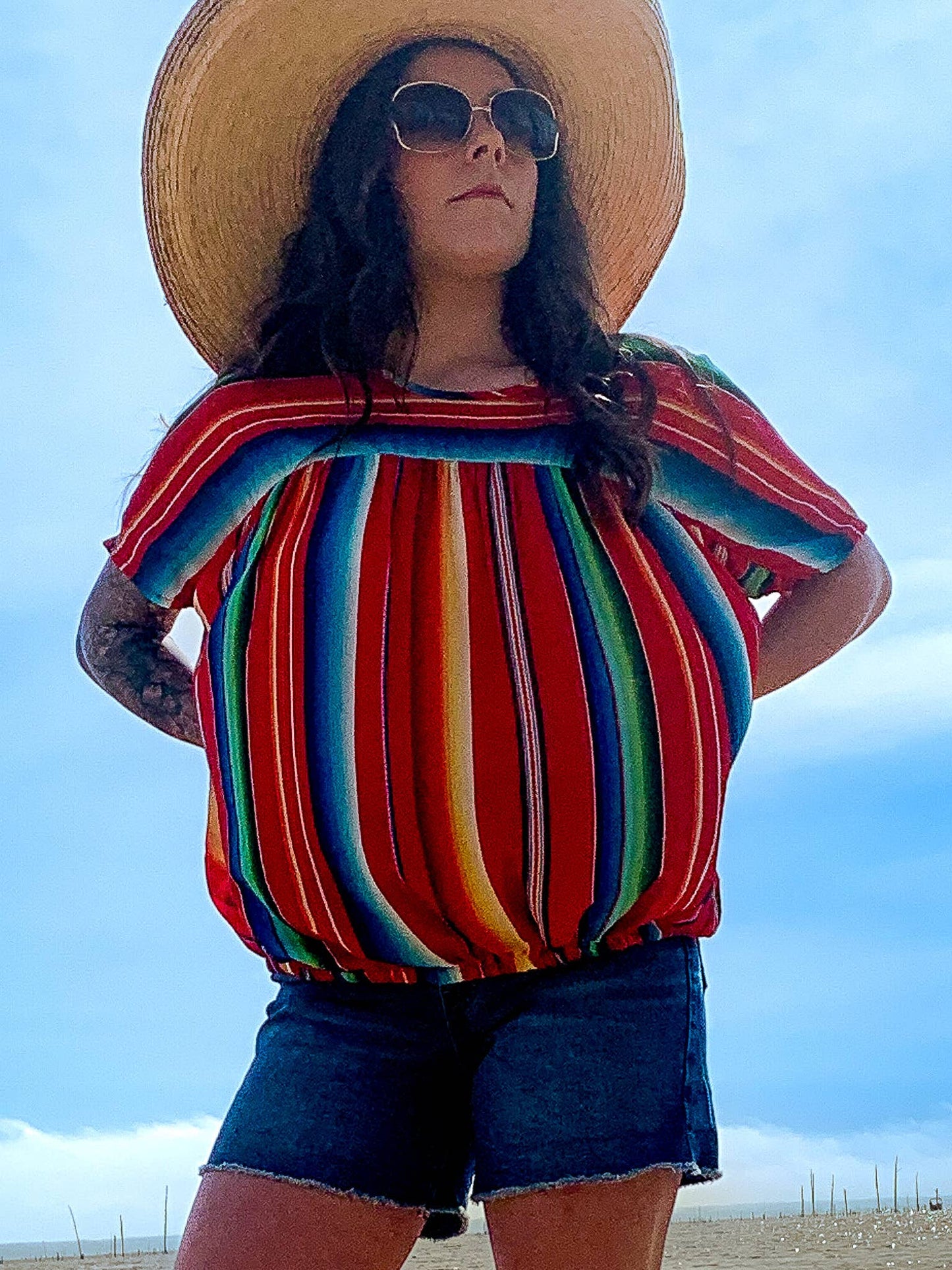 Sunshine Serape Elastic Waist Top Red Serape