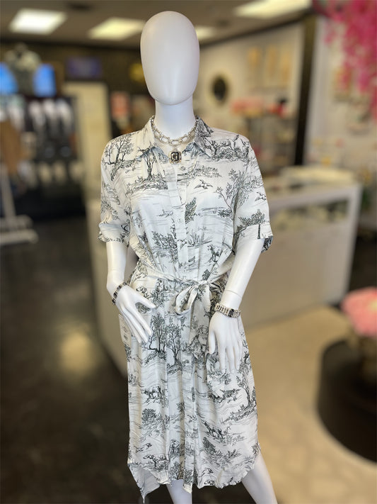 Black And White Toile De Jouy Button Up Dress