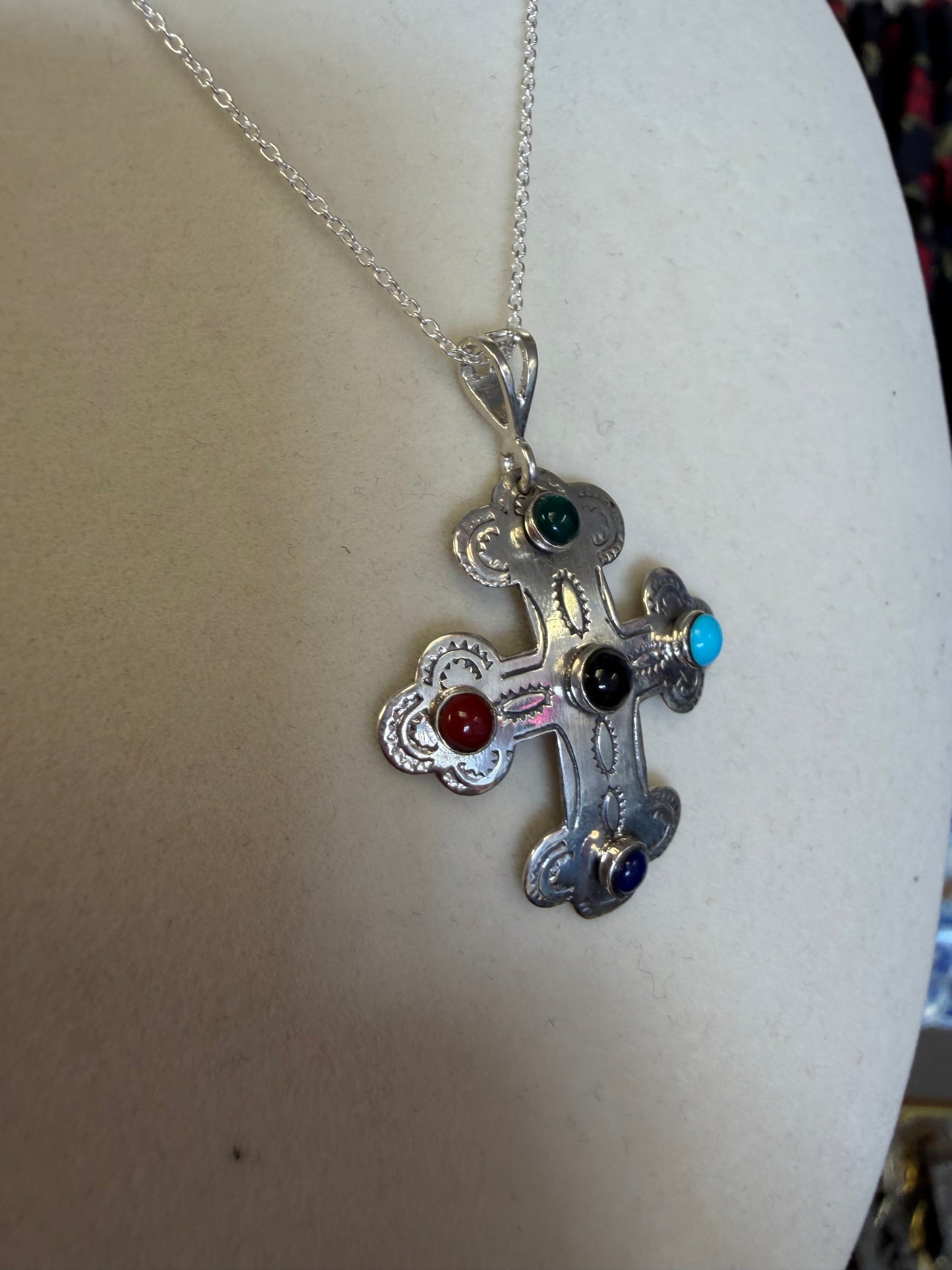 Multi Gemstone Sterling Silver Cross Pendant