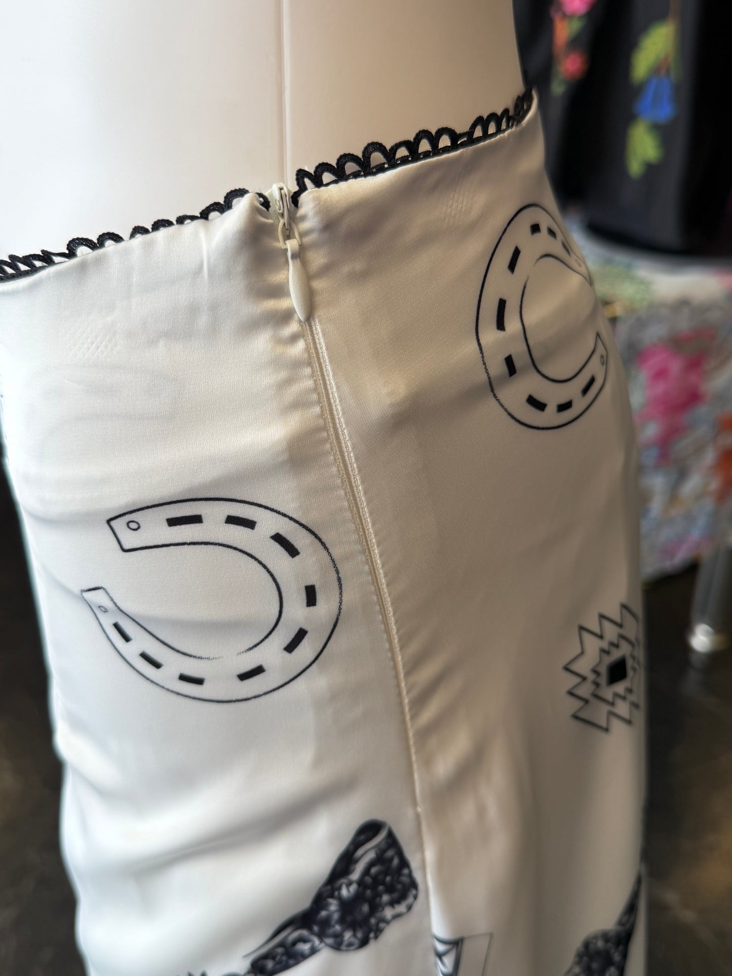 Silky White & Black Western Graphic Skirt