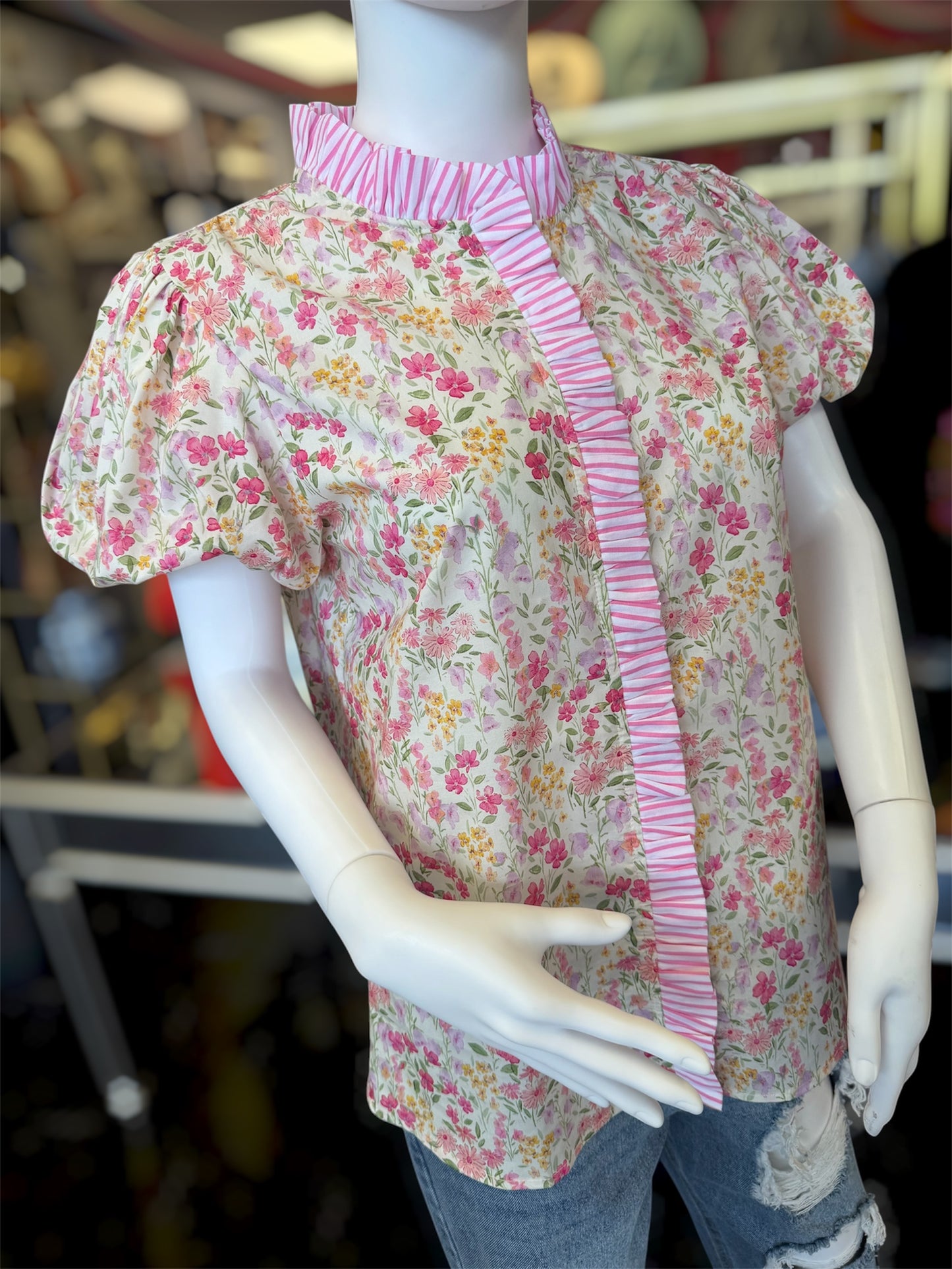 Colorful Flowers Button Up Frill Stripe Top