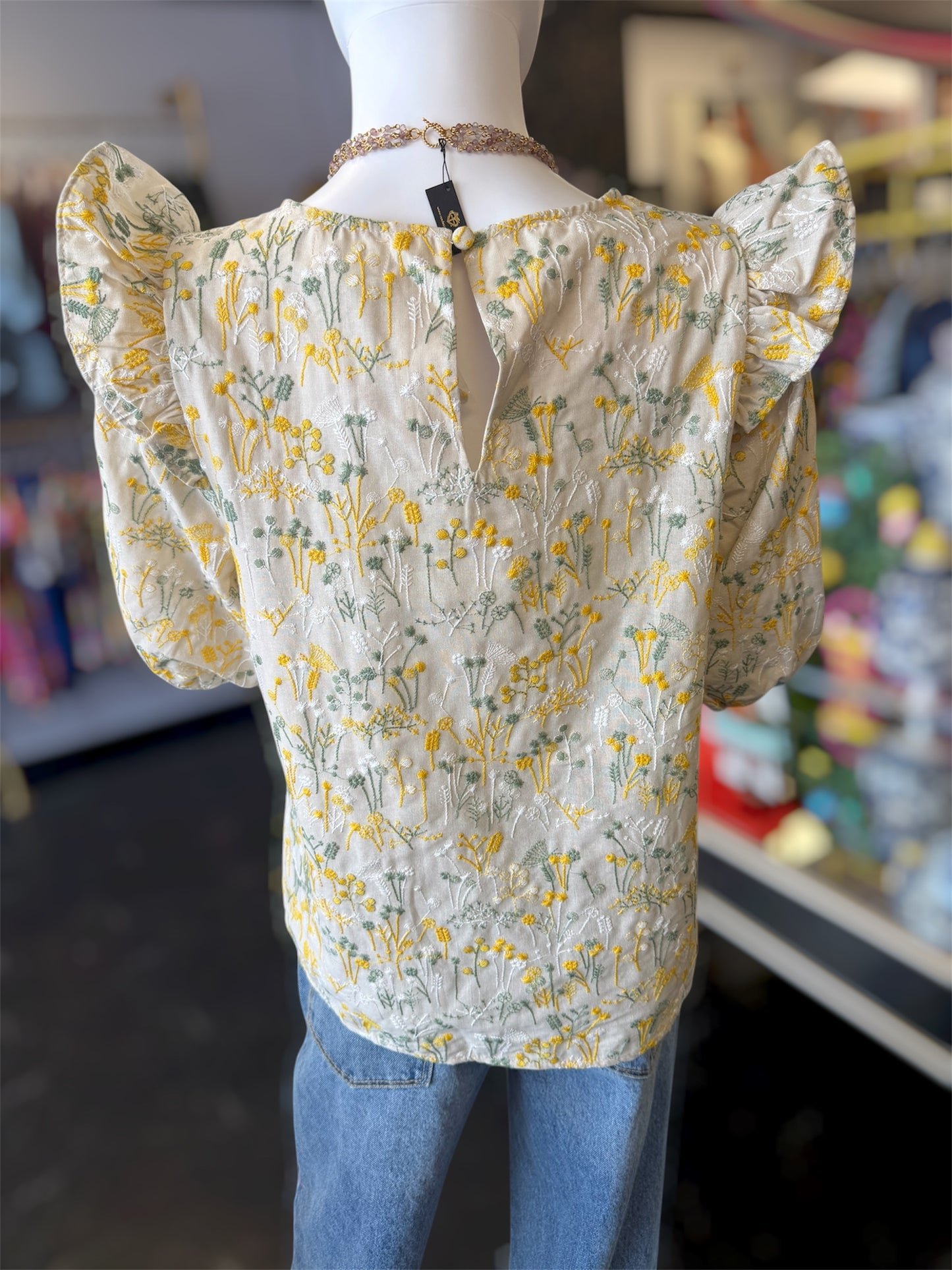 Spring Flowers Embroidered Flutter Sleeve Top