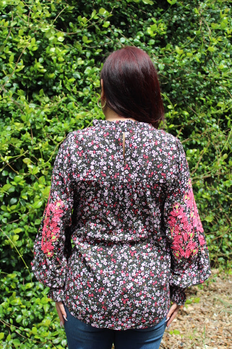 Floral Print Top with Embroidery