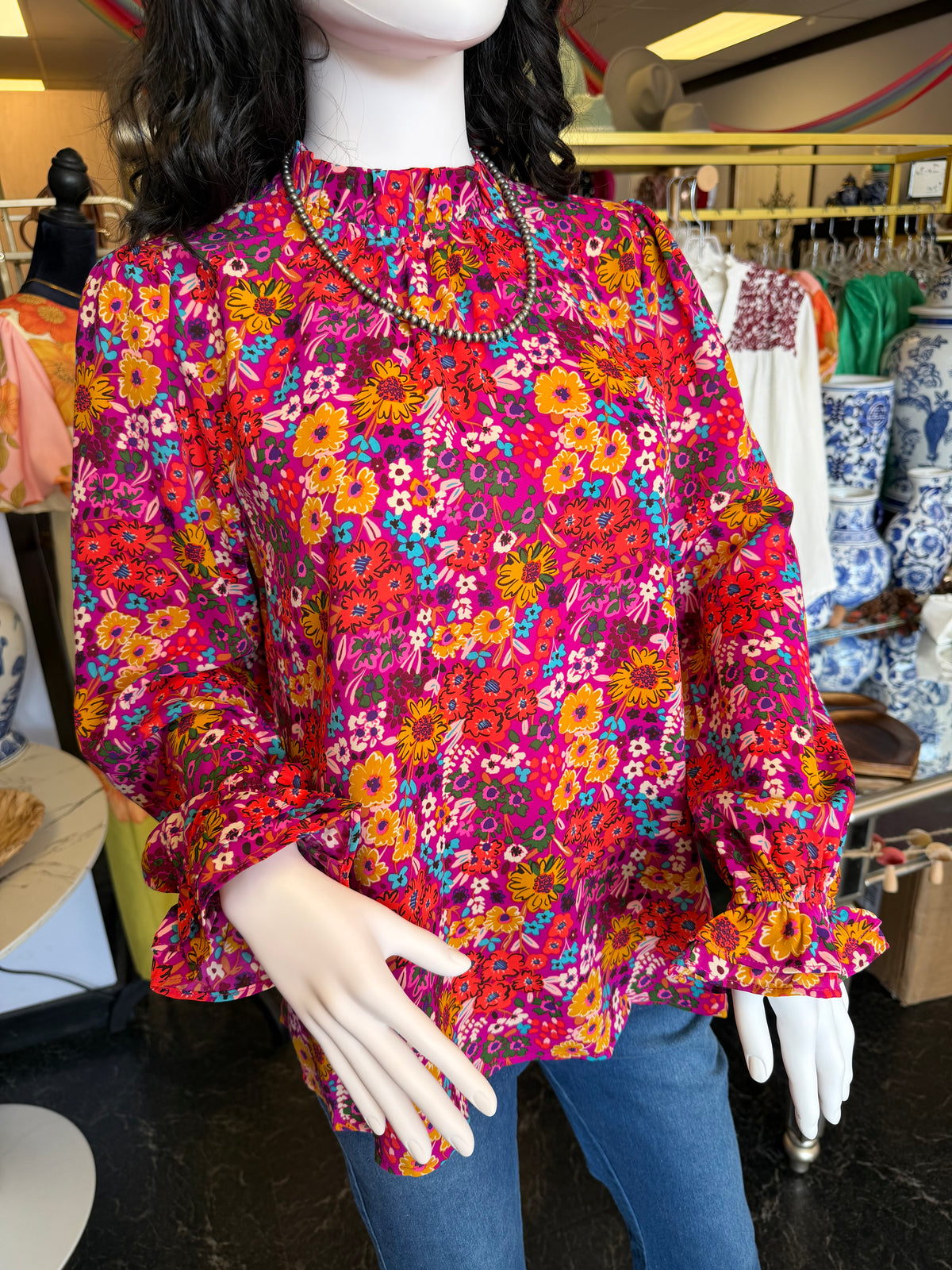Magenta Floral Flutter Sleeve Top