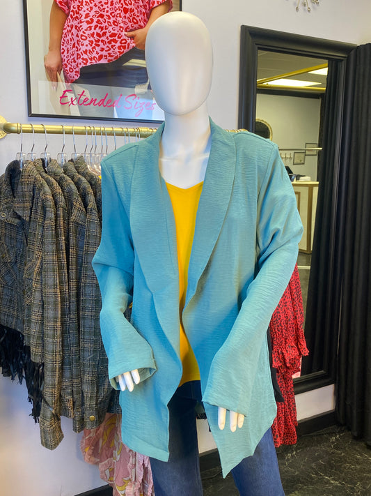 Teal Blue Long Sleeve Blazer with Pleated Detail