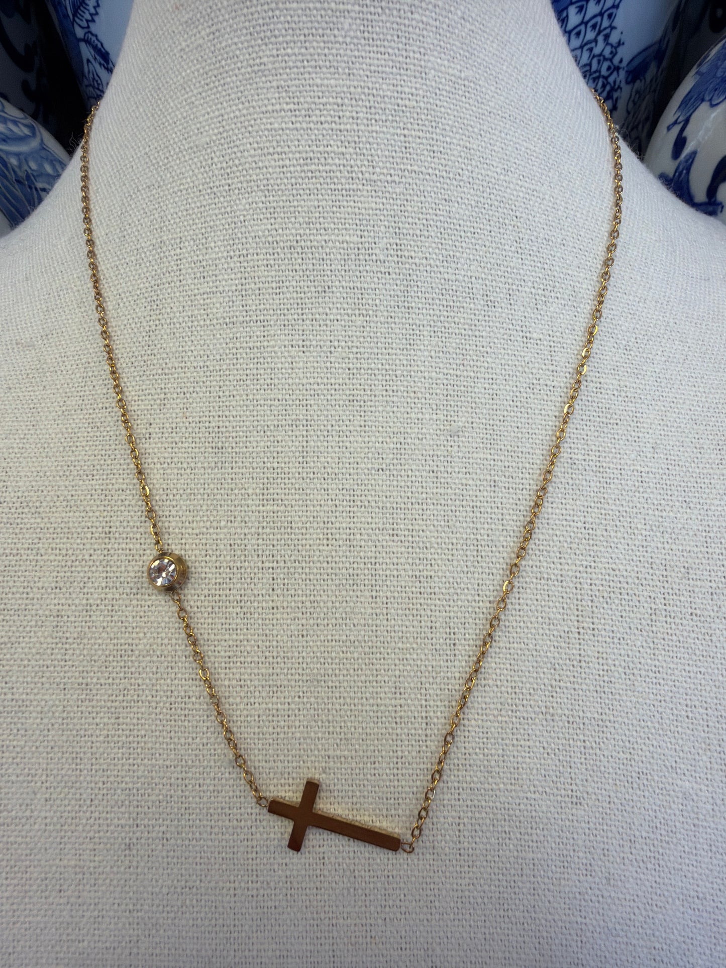 Gold Stainless Steel Crystal Sideways Cross Necklace