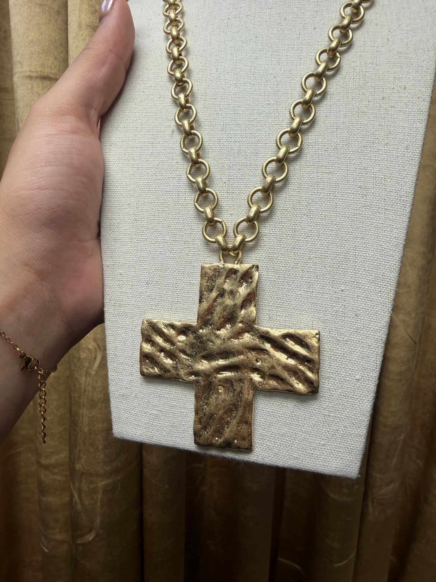 Golden Hammered Cross Necklace