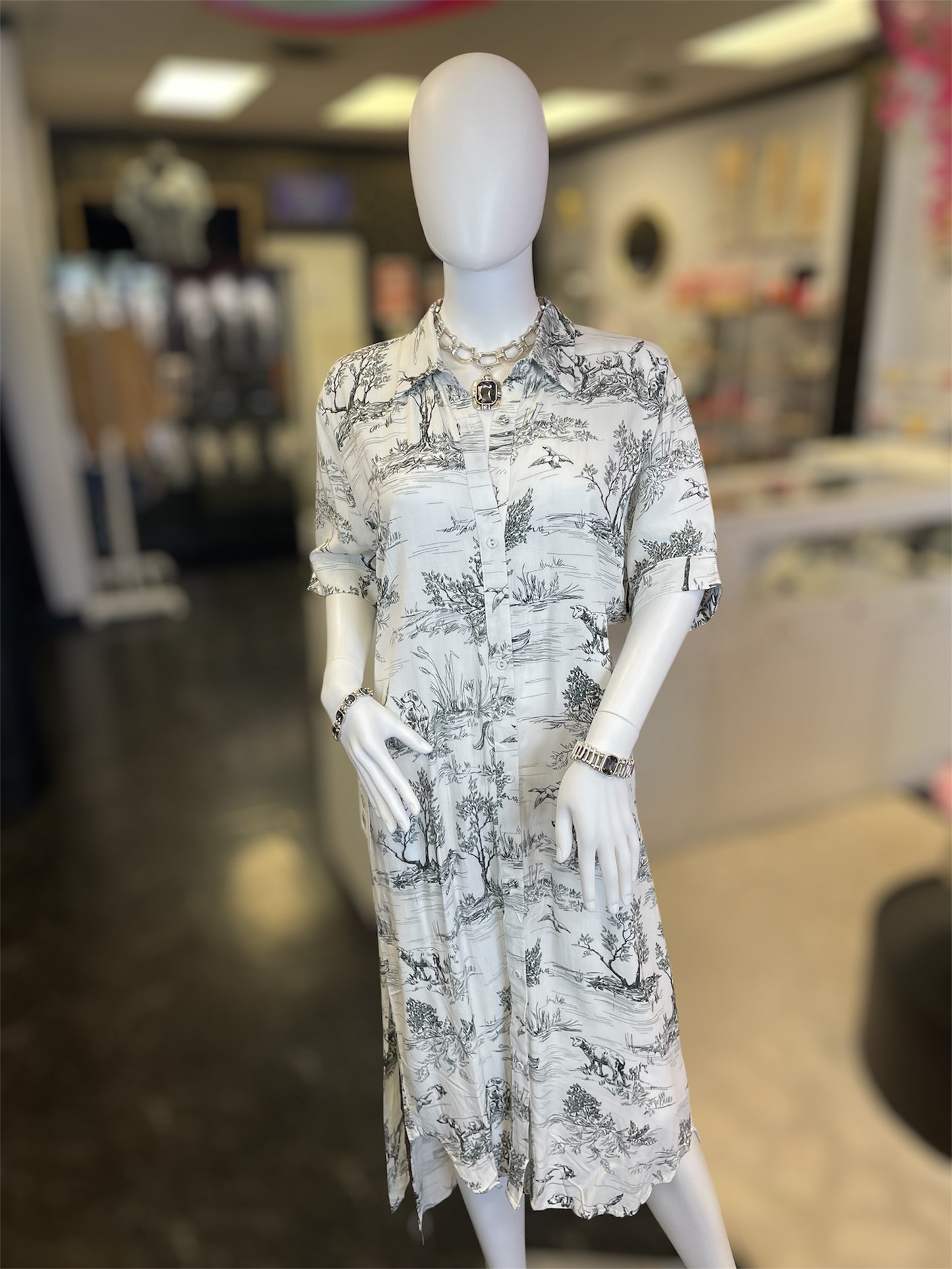Black And White Toile De Jouy Button Up Dress