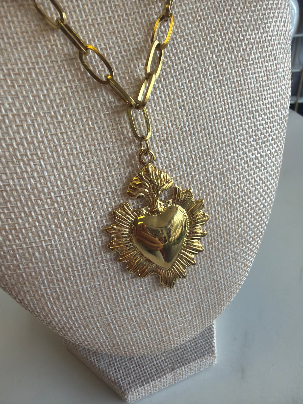 Stainless Steel Gold Plated Sacred Heart Paper Clip Necklace