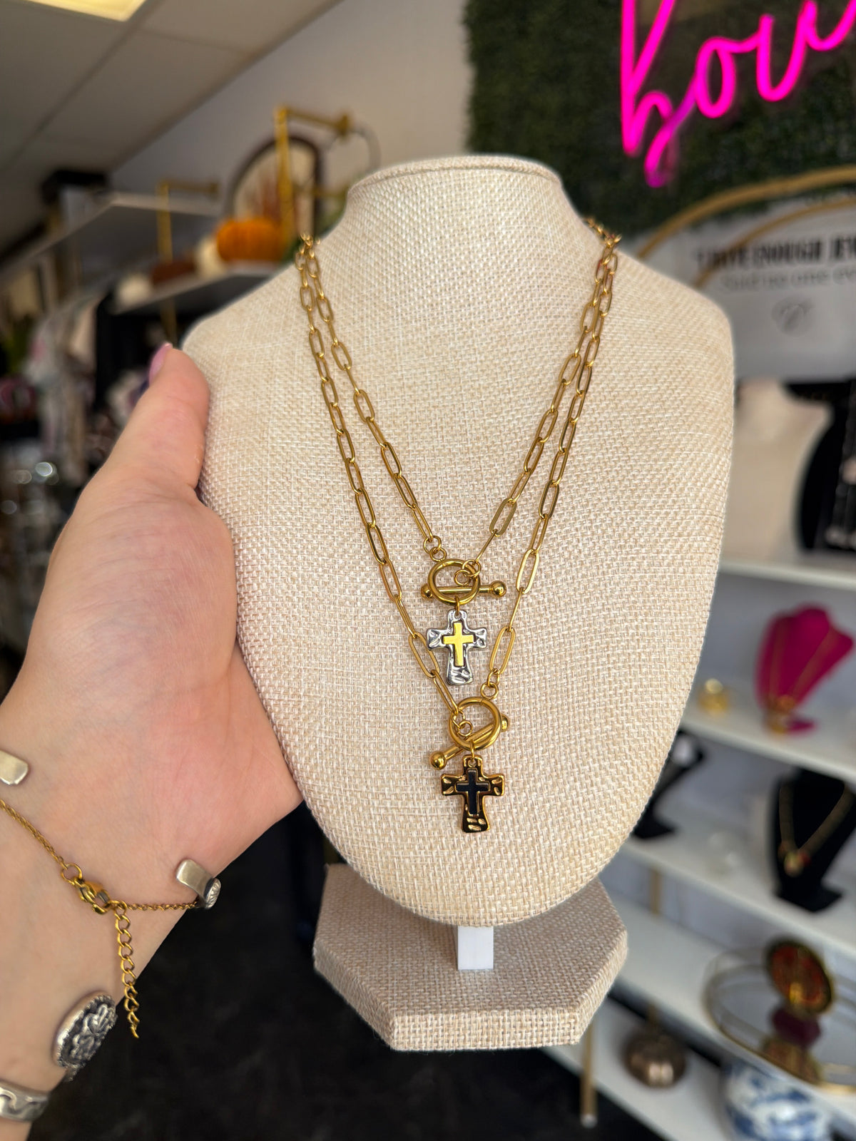 Stainless Paperclip Cross Toggle Necklaces