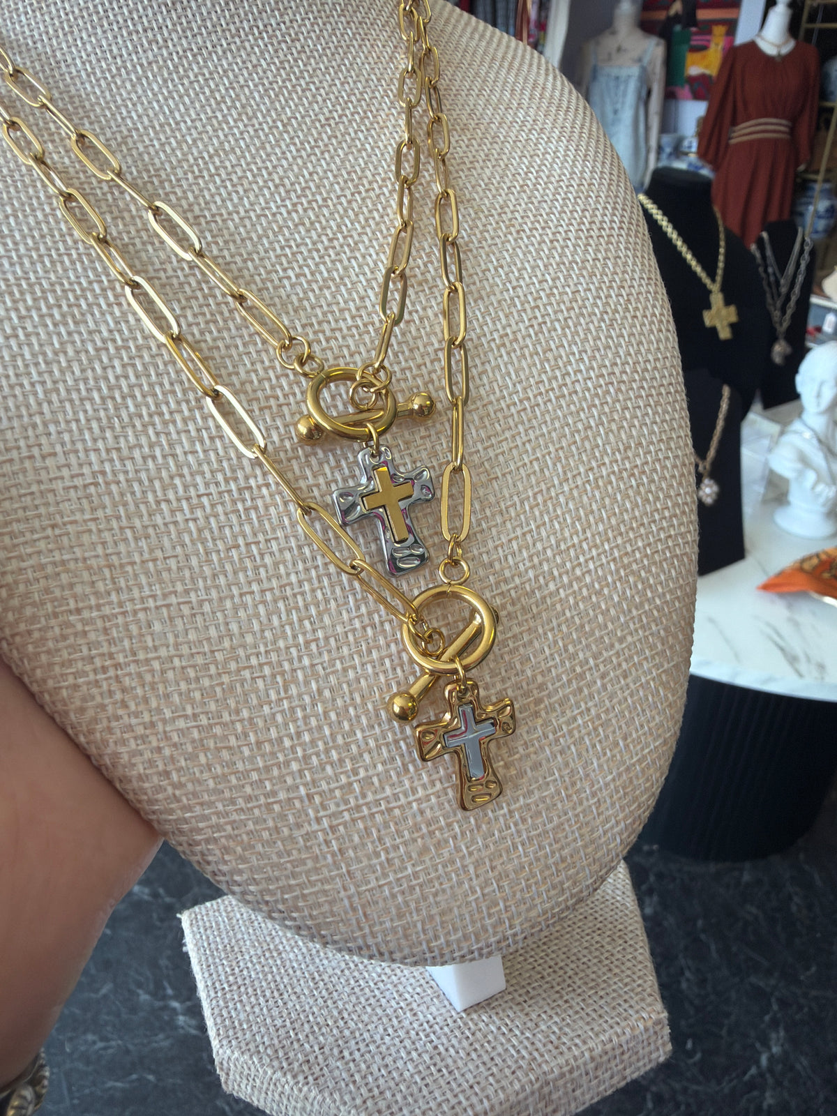 Stainless Paperclip Cross Toggle Necklaces