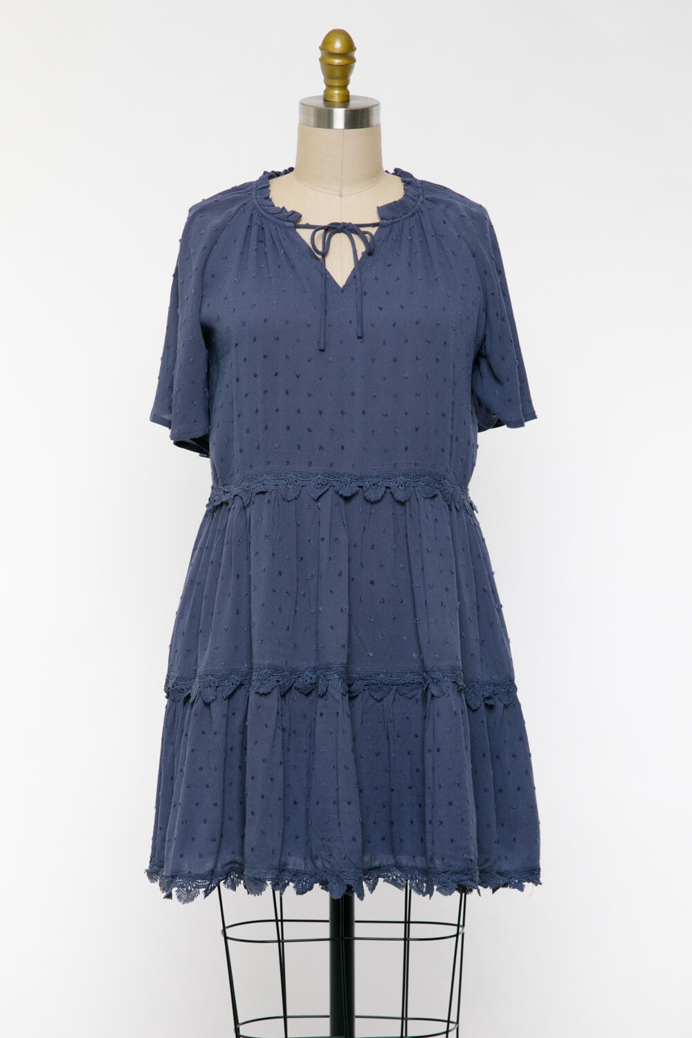 Swiss Dot Lace Trim Tiered Dress