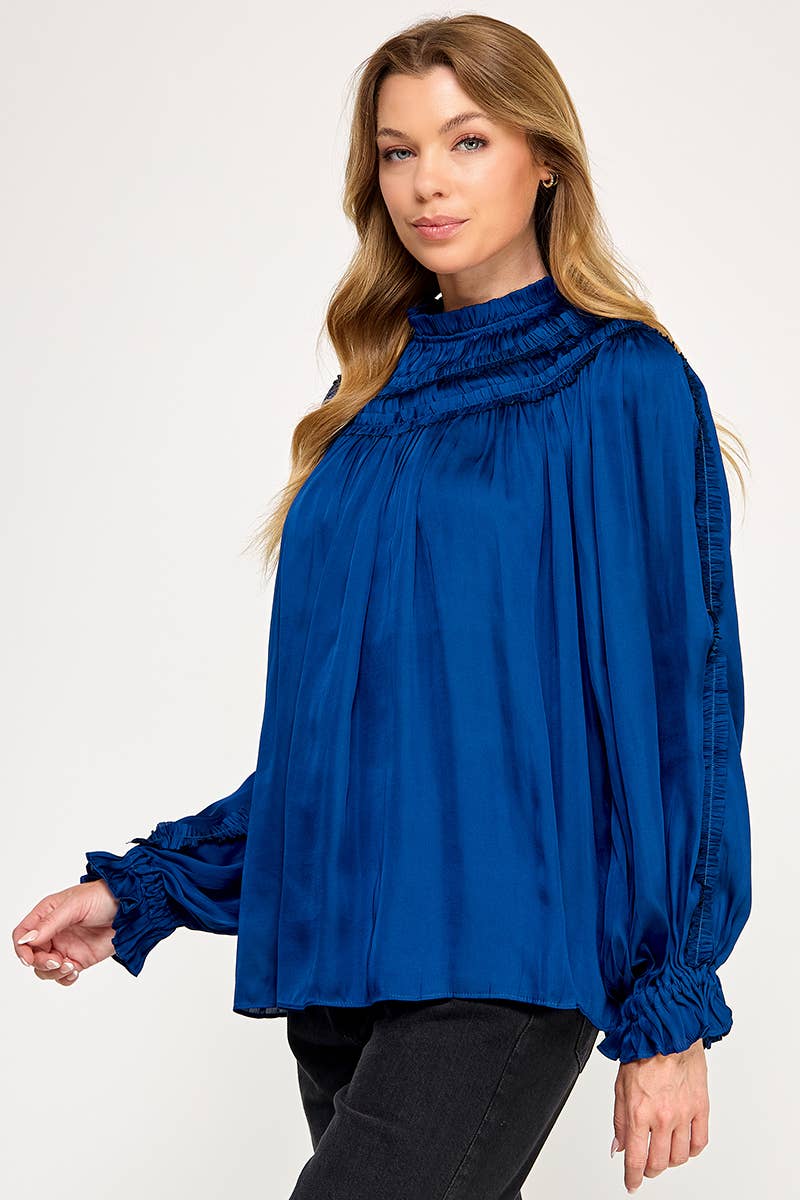 IT3477 - RUFFLED LONG SLEEVES SATIN TOP: GOLD / L