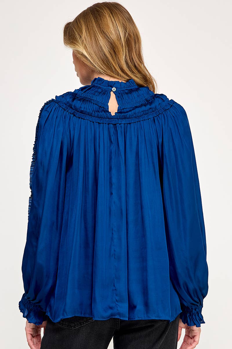 IT3477 - RUFFLED LONG SLEEVES SATIN TOP: GOLD / M