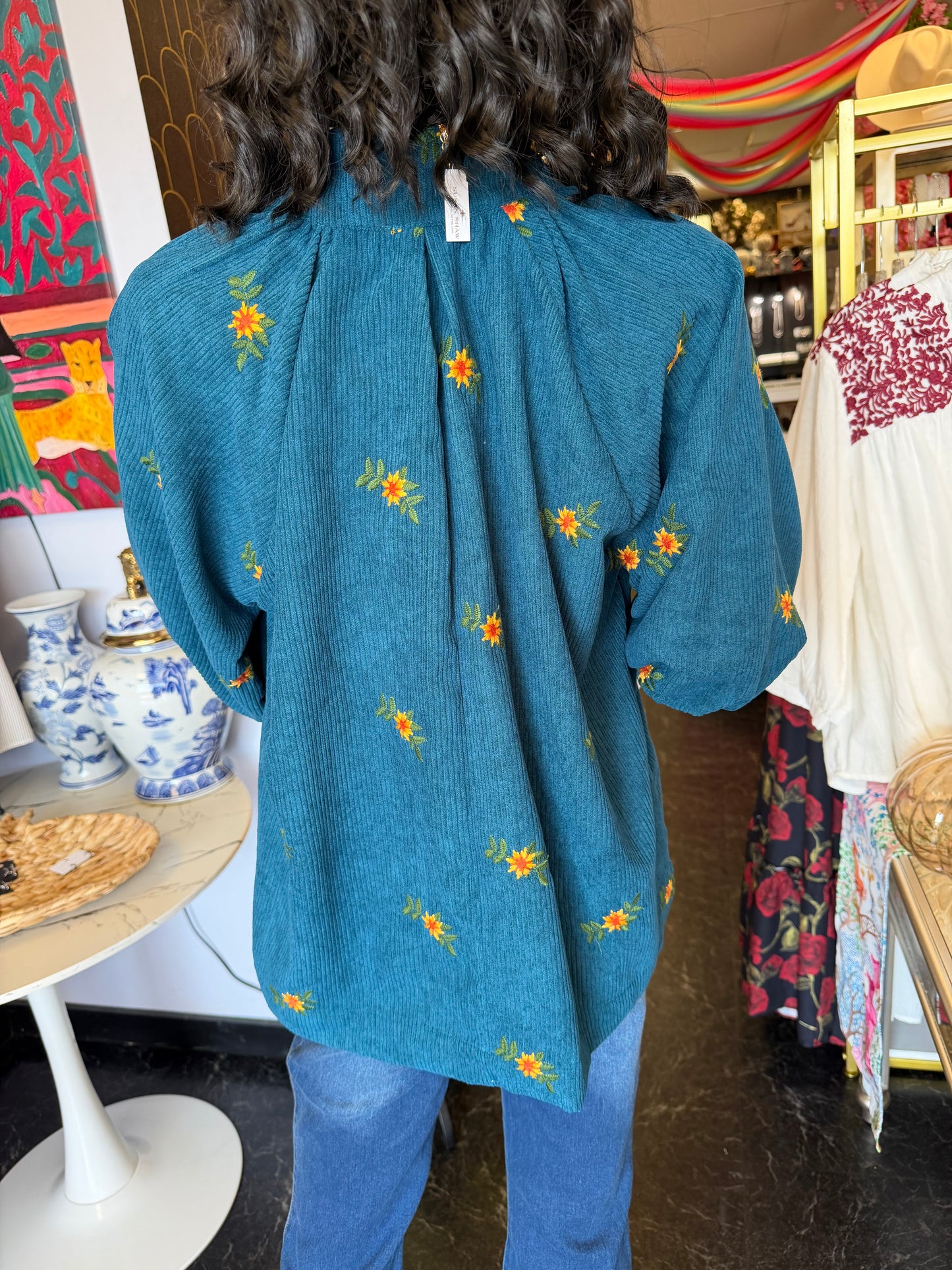 Corduroy Floral Embroidered Blouse