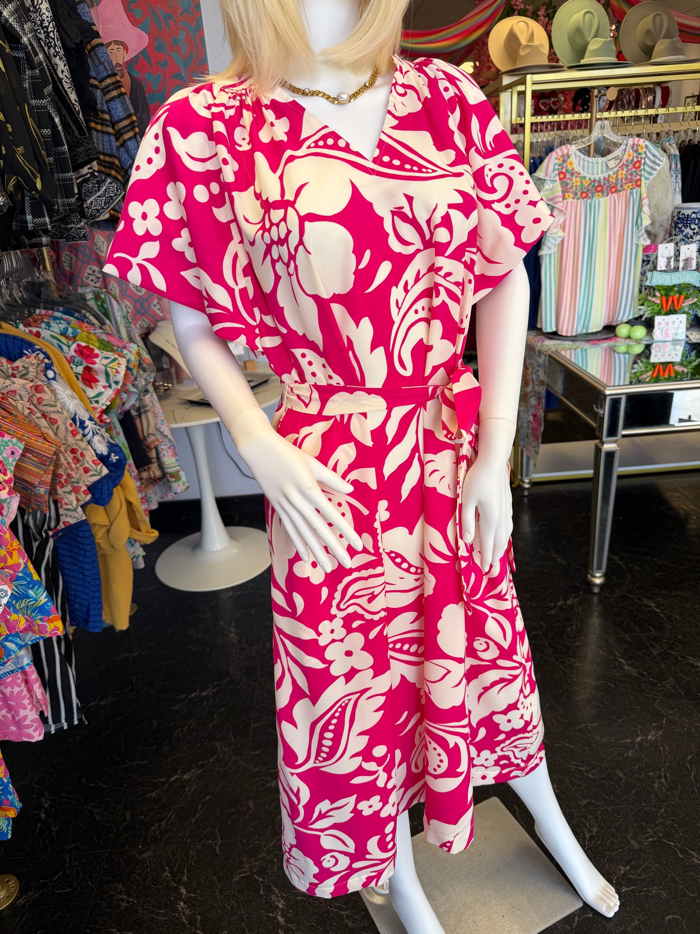 Pink & White Print Tropical Tie Maxi Dress