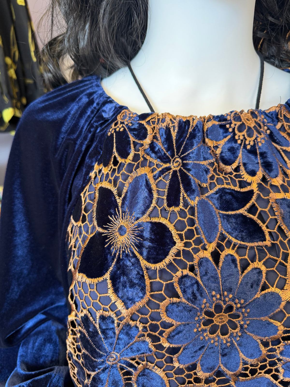 Navy Floral Lace Velvet Top
