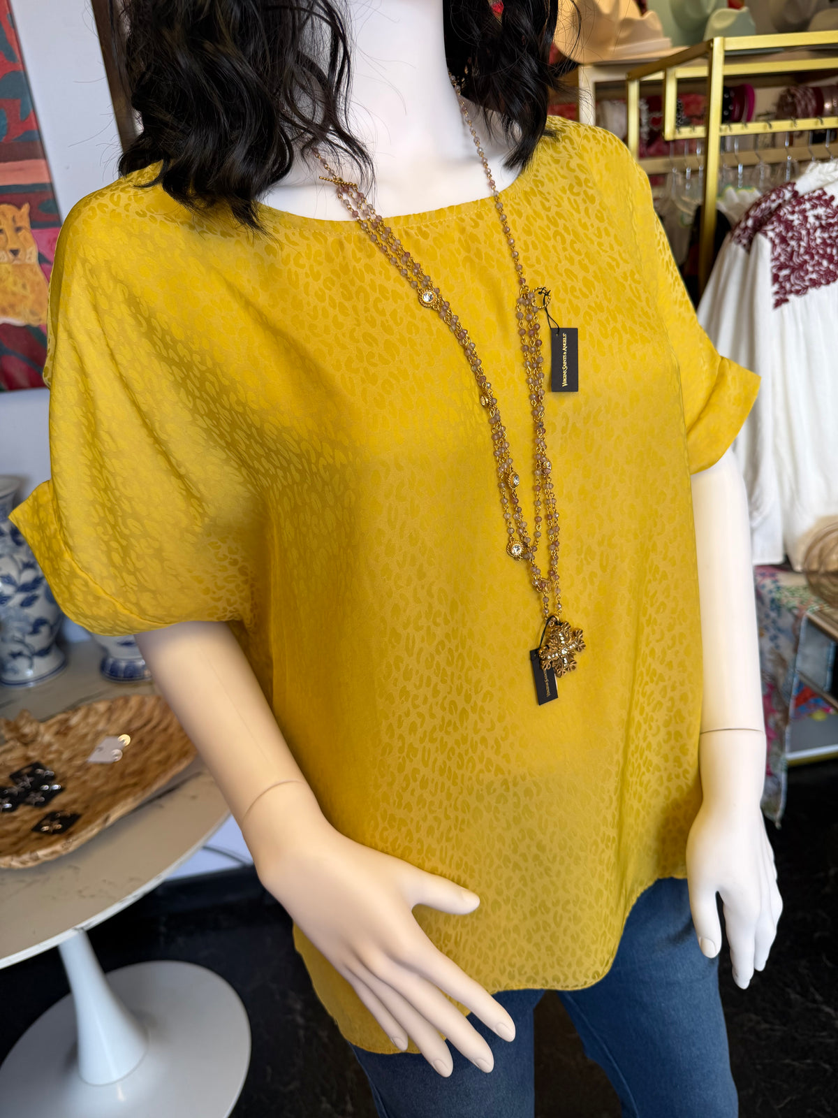 Golden Animal Print Short Dolman Sleeve Top