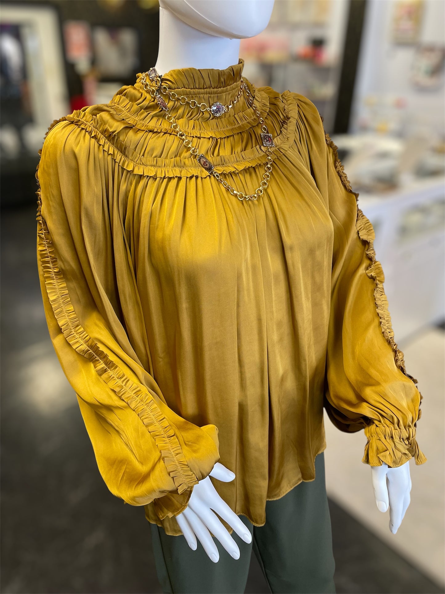 Gold Ruffled Long Sleeve Satin Top
