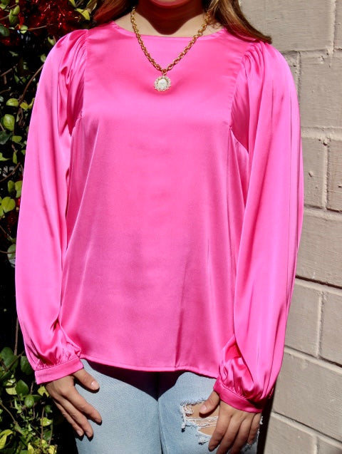 Pink Satin Puff Long Sleeve Top