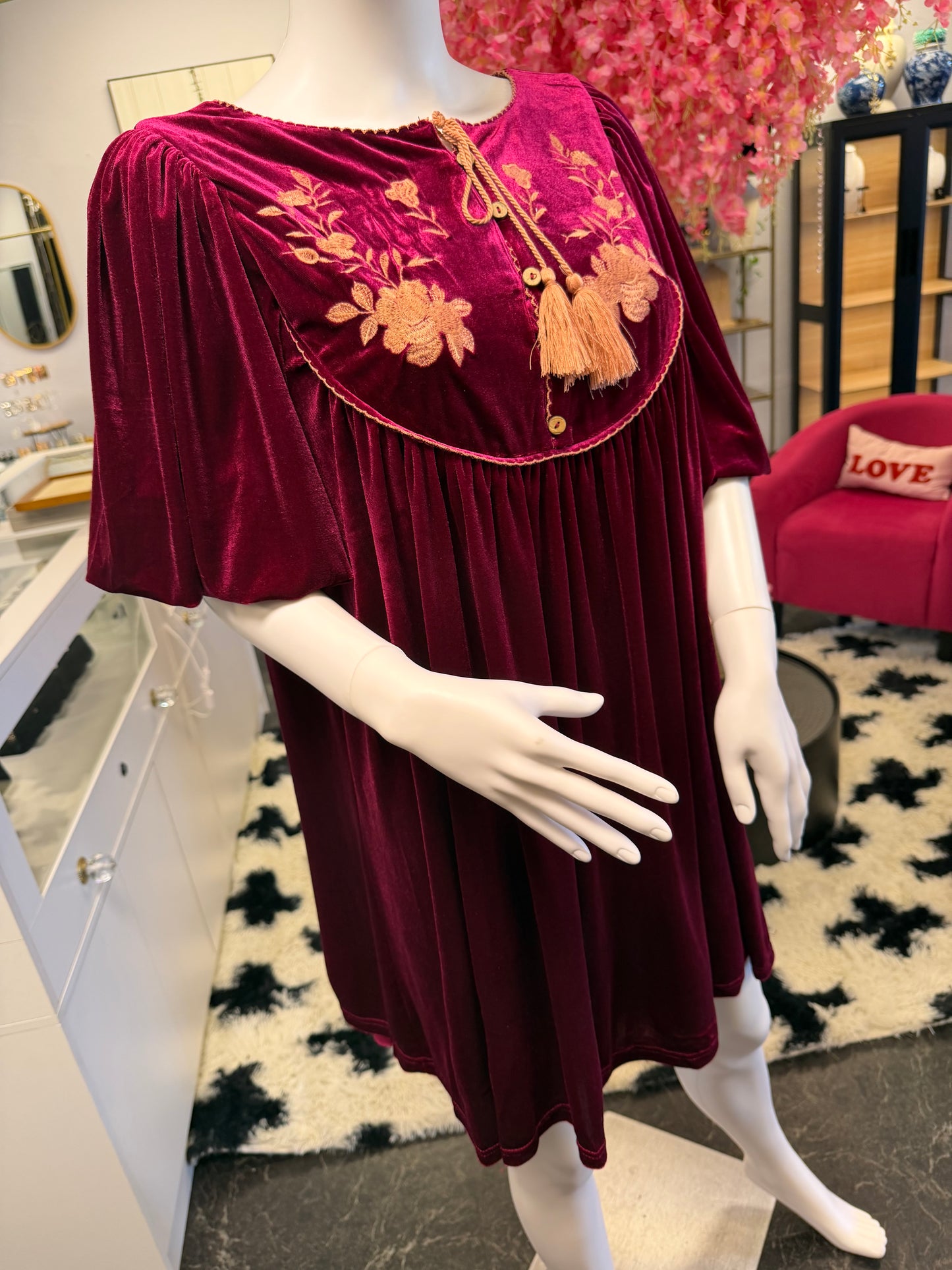 Burgundy Velvet Embroidered Dress