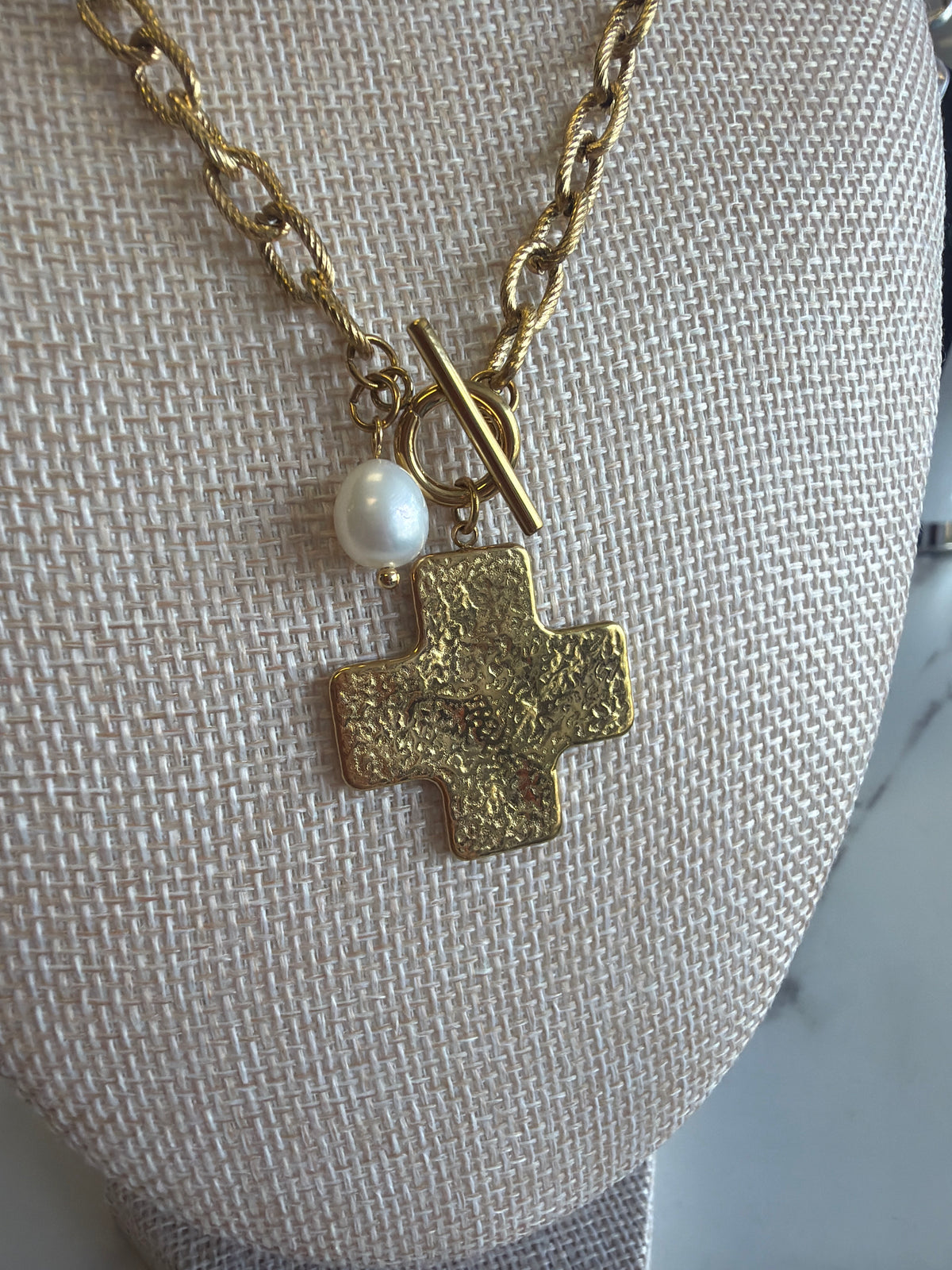 Stainless Steel Gold Plated Cross & Pearl Toggle