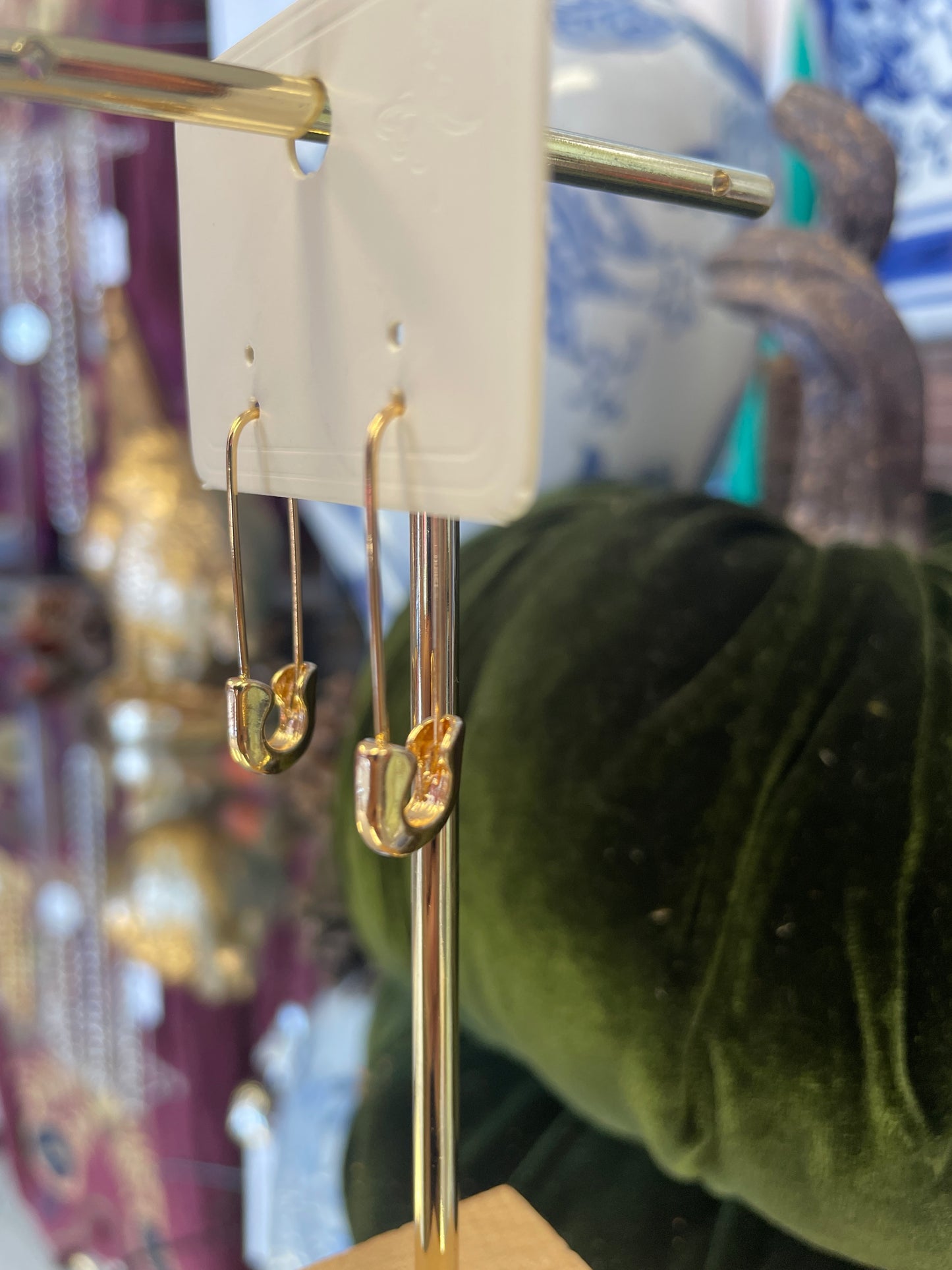 Gold Safety Pin Drop Earrings