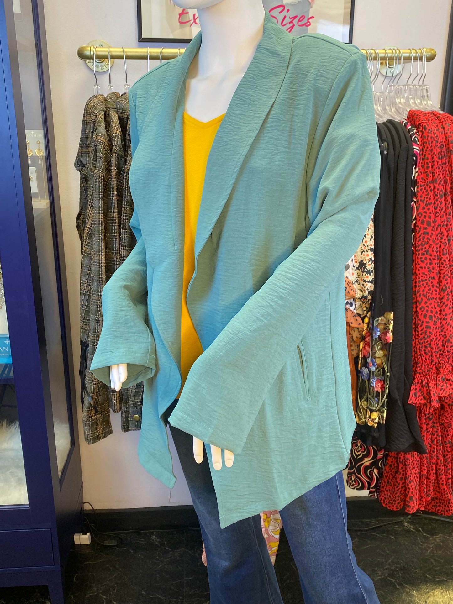 Teal Blue Long Sleeve Blazer with Pleated Detail