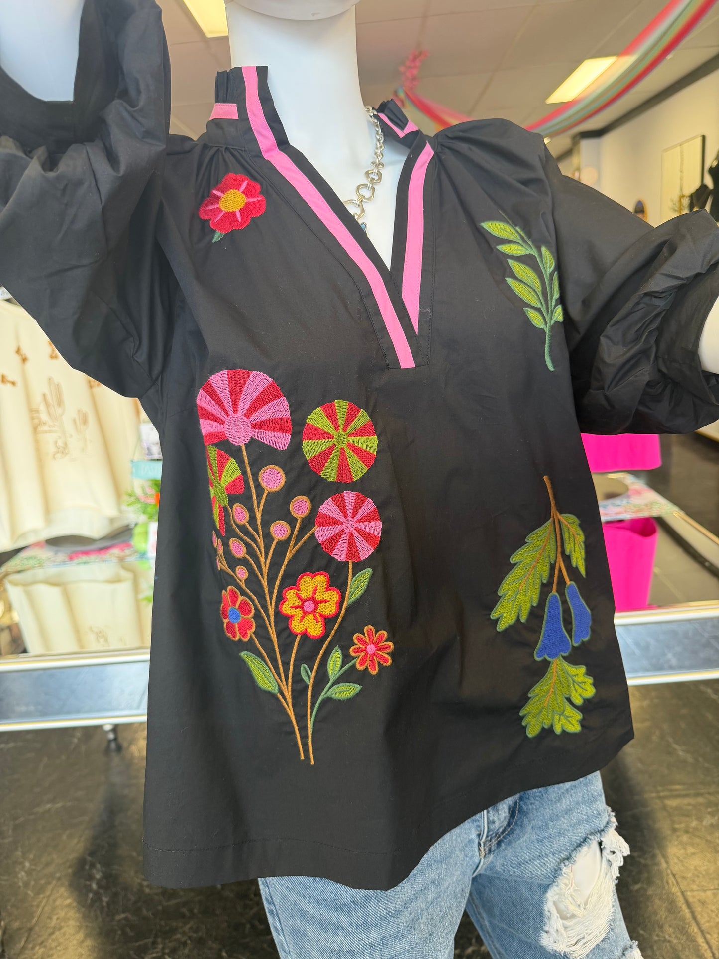 Black Embroidered Floral V-Neck Blouse