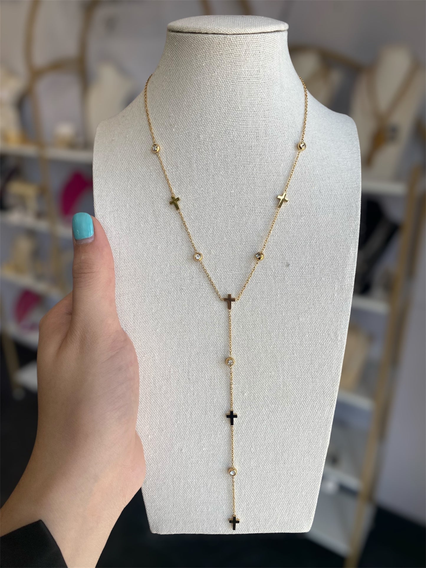 Cross & Crystal Stainless Steel Gold Plated Lariat