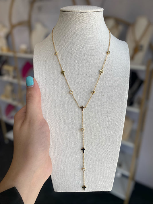 Cross & Crystal Stainless Steel Gold Plated Lariat