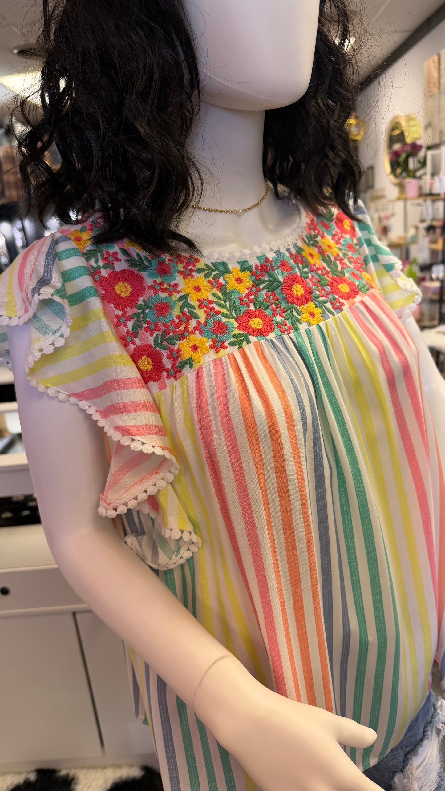 Easter Stripes Colorful Floral Embroidered Flutter Top
