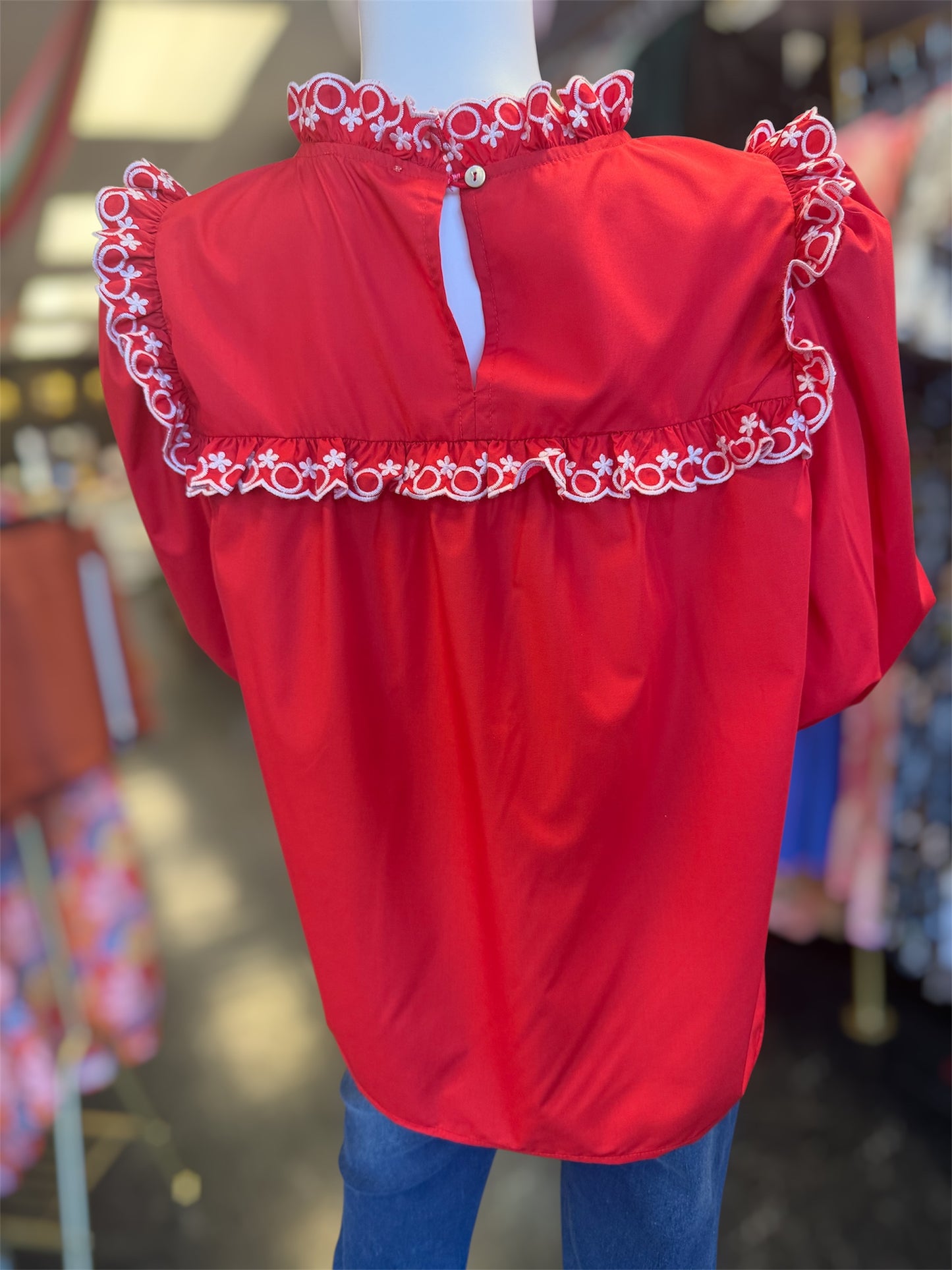 Red Long Sleeve With White Embroidered Trim