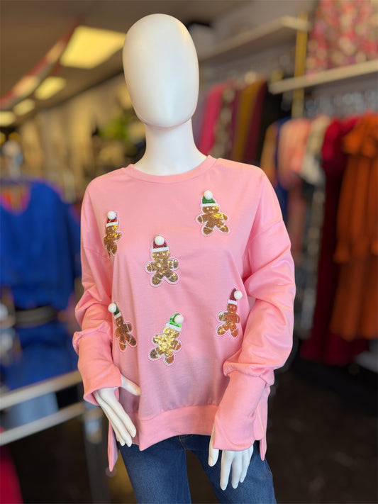 Pink Sweatshirt With Sequin Gingerbread Patches