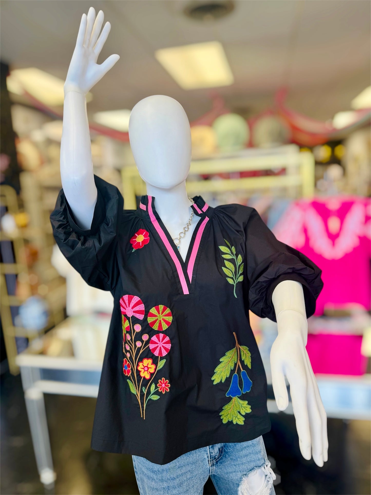 Black Embroidered Floral V-Neck Blouse
