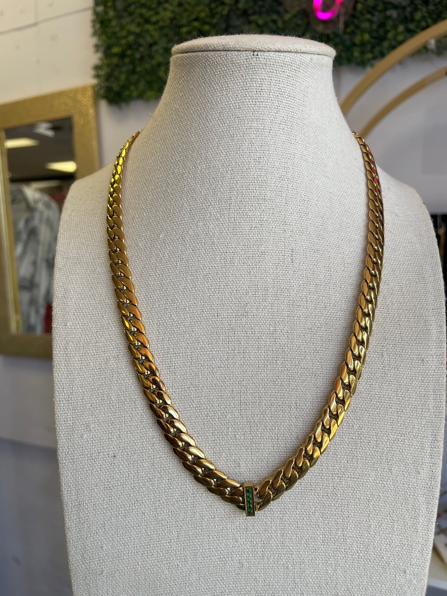 Gold Cuban Link With Green Stones