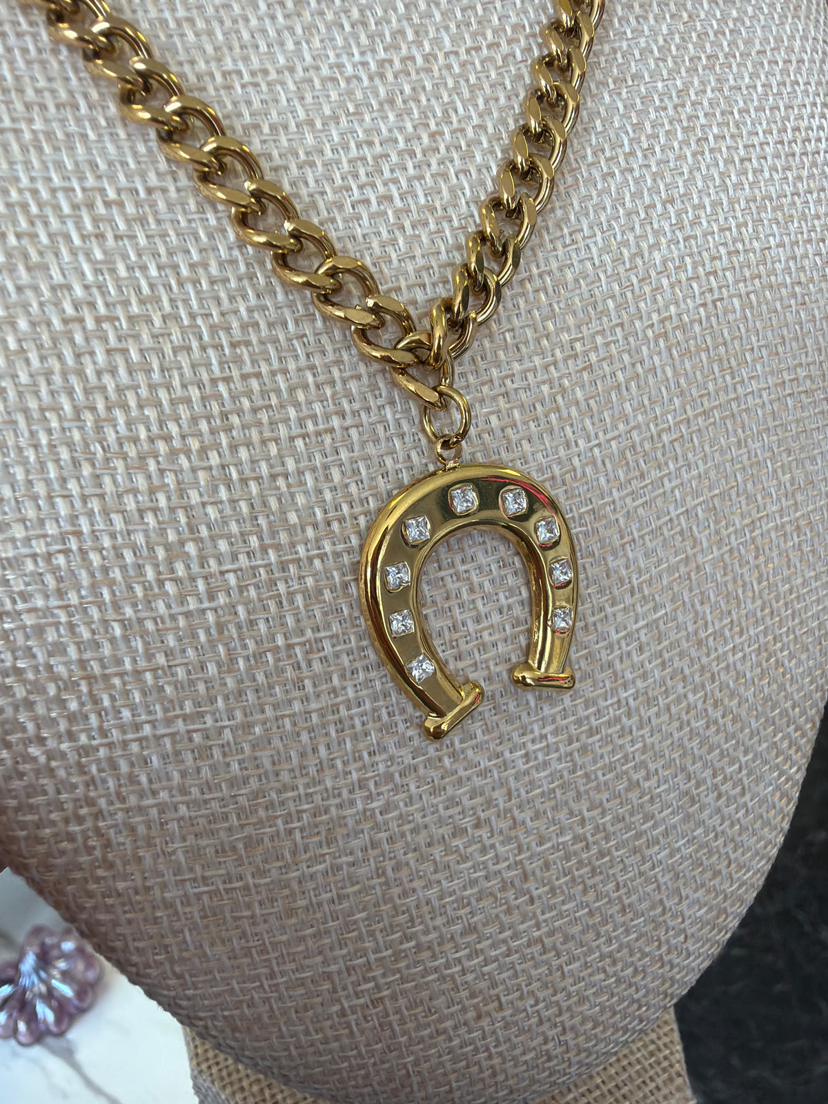 Stainless Steel Gold Plated Horseshoe Bling Necklace