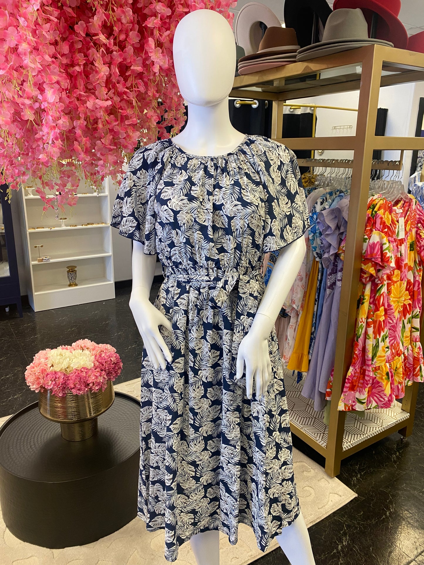 Navy Monstera Leaf Comfy Tie Dress